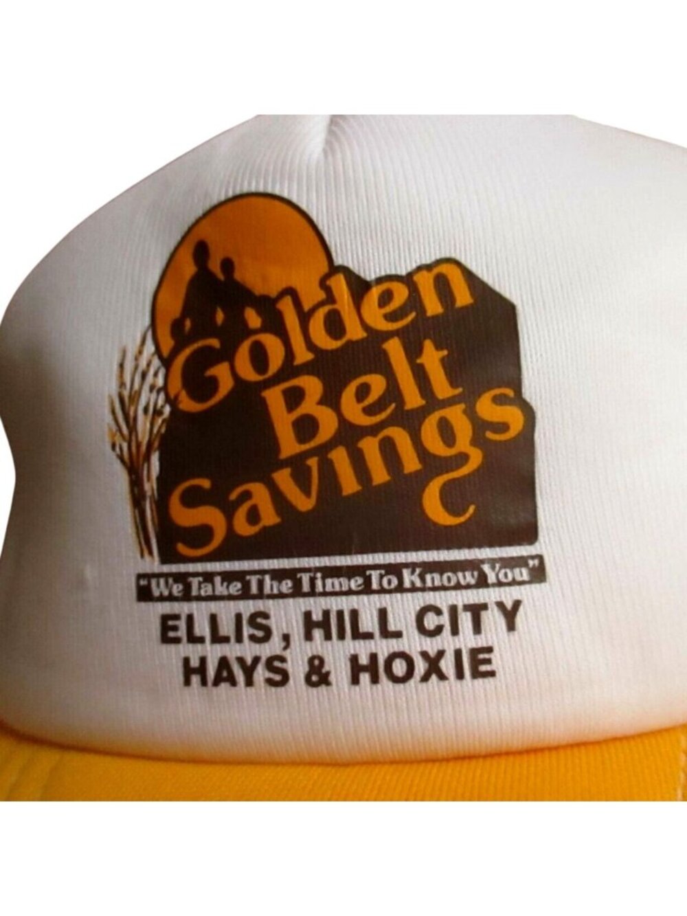 Vintage Trucker Hat Cap Golden Belt Savings Yellow White Mesh Snapback One Size